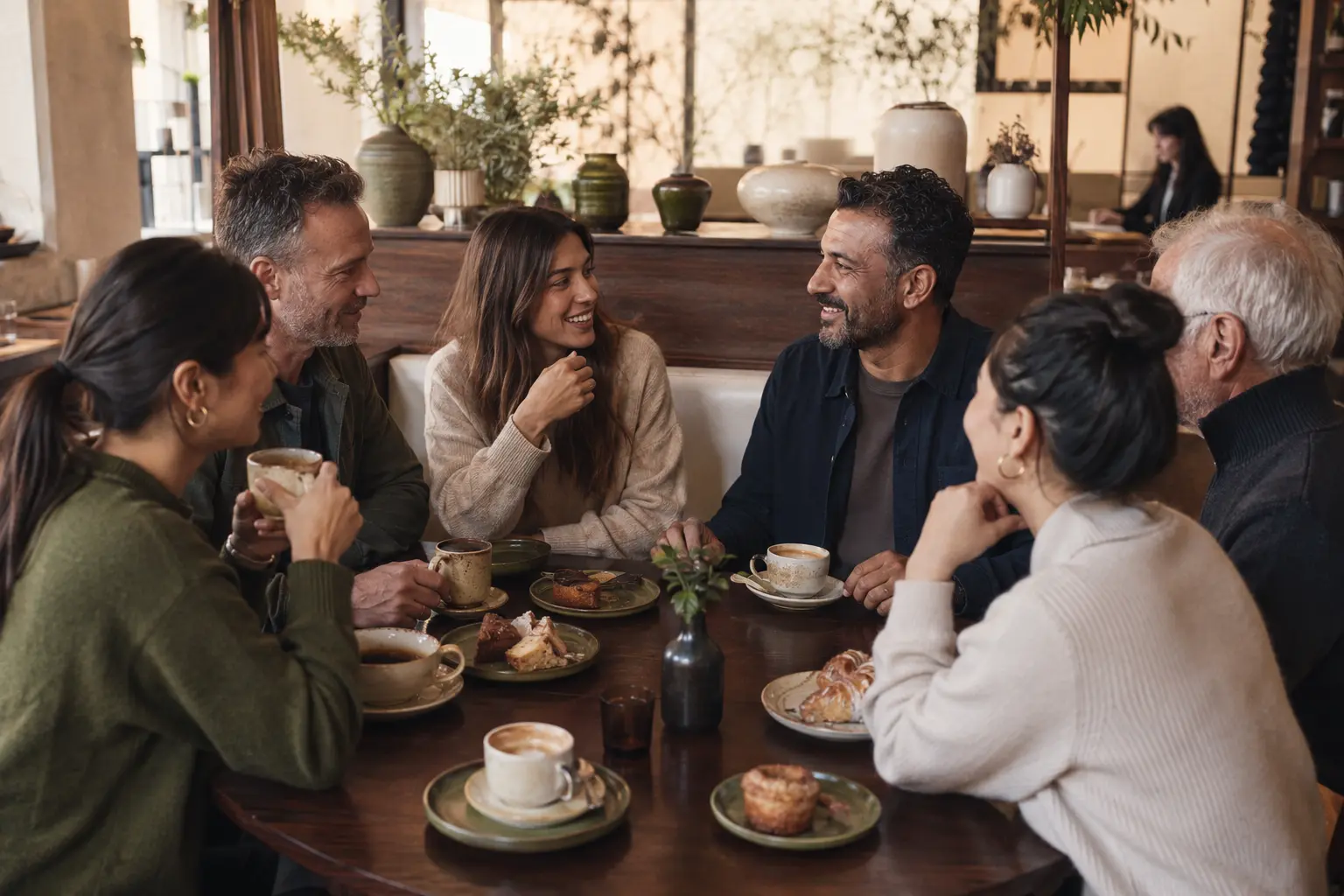 Friends and family enjoying conversation around a cafe table